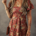  Floral Puff Sleeve Square Neck Knot Open Back Mini Dress