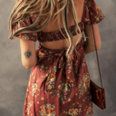 Floral Puff Sleeve Square Neck Knot Open Back Mini Dress