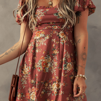 Floral Puff Sleeve Square Neck Knot Open Back Mini Dress