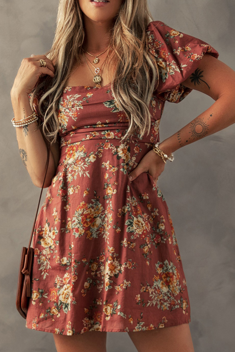 Floral Puff Sleeve Square Neck Knot Open Back Mini Dress