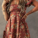 Floral Puff Sleeve Square Neck Knot Open Back Mini Dress