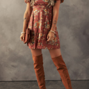  Floral Puff Sleeve Square Neck Knot Open Back Mini Dress