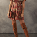  Floral Puff Sleeve Square Neck Knot Open Back Mini Dress