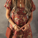  Floral Puff Sleeve Square Neck Knot Open Back Mini Dress
