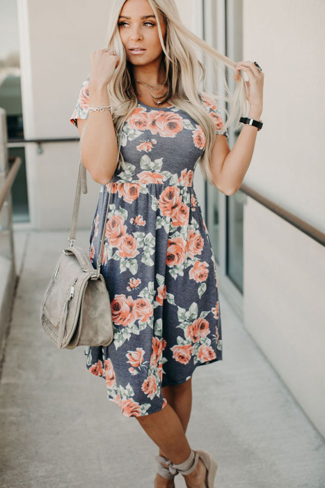 Floral Print Midi Short Sleeve Dress