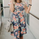 Floral Print Midi Short Sleeve Dress