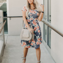  Floral Print Midi Short Sleeve Dress