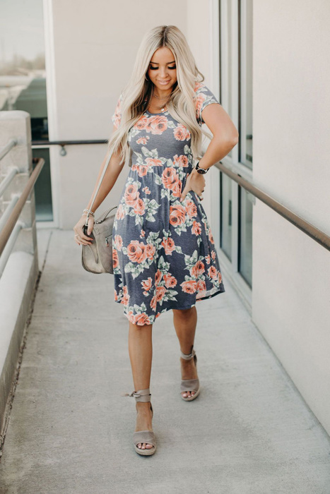 Floral Print Midi Short Sleeve Dress
