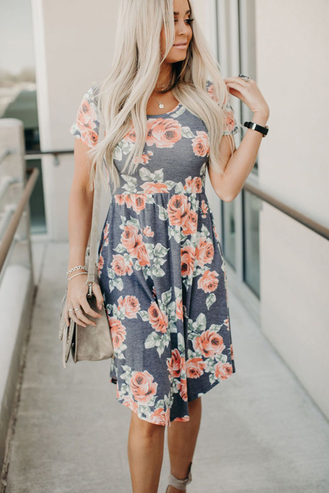 Floral Print Midi Short Sleeve Dress