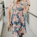  Floral Print Midi Short Sleeve Dress