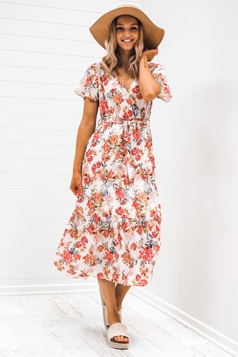 Wrap V Neck Floral Midi Dress