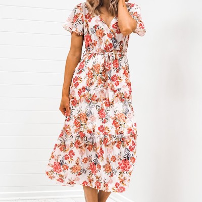 Wrap V Neck Floral Midi Dress