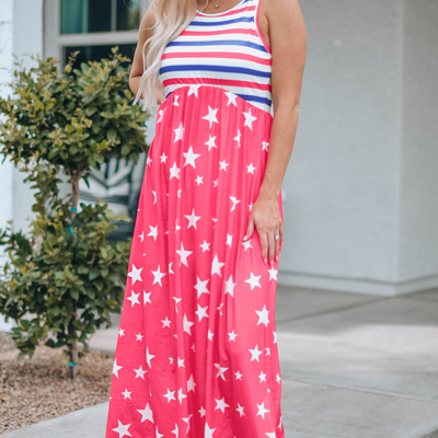 Red Stars and Stripes Print Sleeveless Maxi Dress 