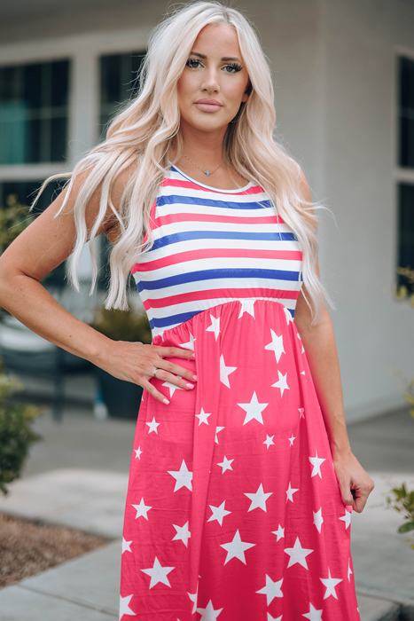 Red Stars and Stripes Print Sleeveless Maxi Dress 