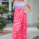  Red Stars and Stripes Print Sleeveless Maxi Dress 