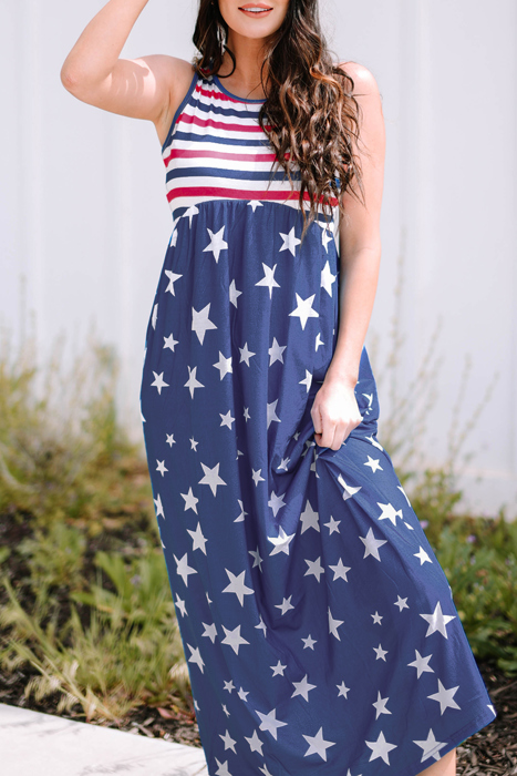 Blue Stars and Stripes Print Sleeveless Maxi Dress with Pocket
