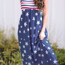 Blue Stars and Stripes Print Sleeveless Maxi Dress with Pocket