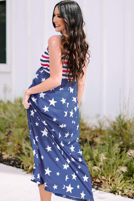 Blue Stars and Stripes Print Sleeveless Maxi Dress with Pocket