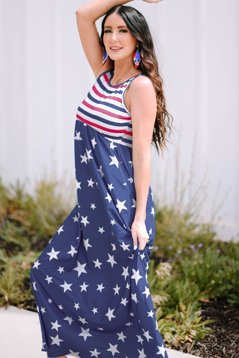 Blue Stars and Stripes Print Sleeveless Maxi Dress with Pocket
