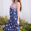  Blue Stars and Stripes Print Sleeveless Maxi Dress with Pocket