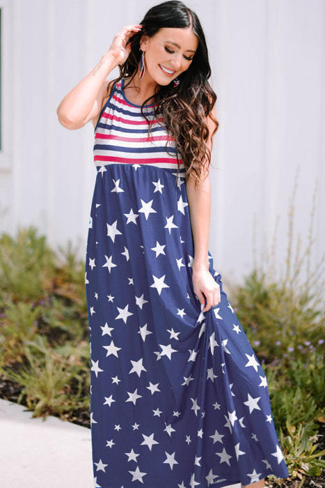 Blue Stars and Stripes Print Sleeveless Maxi Dress with Pocket