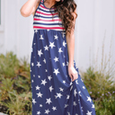  Blue Stars and Stripes Print Sleeveless Maxi Dress with Pocket