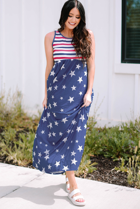 Blue Stars and Stripes Print Sleeveless Maxi Dress with Pocket