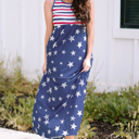  Blue Stars and Stripes Print Sleeveless Maxi Dress with Pocket