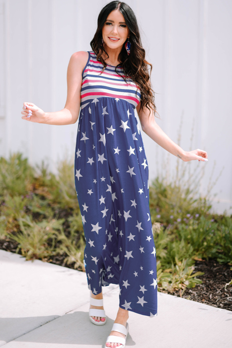 Blue Stars and Stripes Print Sleeveless Maxi Dress with Pocket