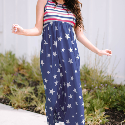 Blue Stars and Stripes Print Sleeveless Maxi Dress with Pocket