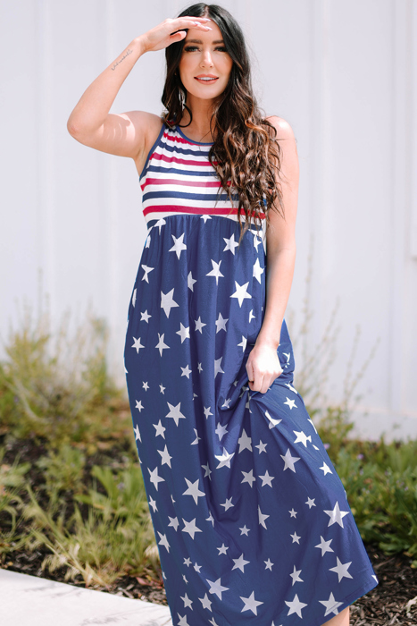 Blue Stars and Stripes Print Sleeveless Maxi Dress with Pocket