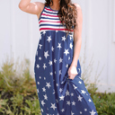  Blue Stars and Stripes Print Sleeveless Maxi Dress with Pocket