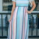  Stripe Mixed Printed Short Sleeve Midi Dress