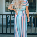 Stripe Mixed Printed Short Sleeve Midi Dress