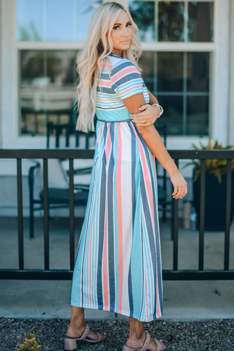 Stripe Mixed Printed Short Sleeve Midi Dress