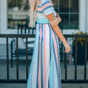  Stripe Mixed Printed Short Sleeve Midi Dress