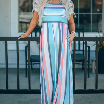 Stripe Mixed Printed Short Sleeve Midi Dress