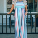  Stripe Mixed Printed Short Sleeve Midi Dress