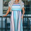  Stripe Mixed Printed Short Sleeve Midi Dress
