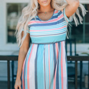  Stripe Mixed Printed Short Sleeve Midi Dress
