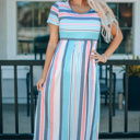  Stripe Mixed Printed Short Sleeve Midi Dress