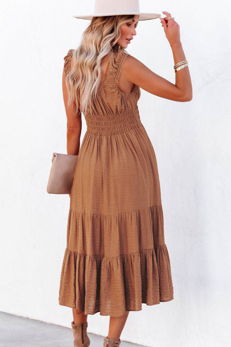 Smocked Ruched Sleeveless High Waist Midi Dress