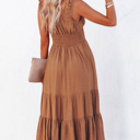  Smocked Ruched Sleeveless High Waist Midi Dress