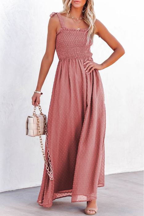 Pink Swiss Dot Knotted Shoulder Smocked Maxi Dress