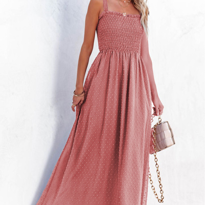 Pink Swiss Dot Knotted Shoulder Smocked Maxi Dress