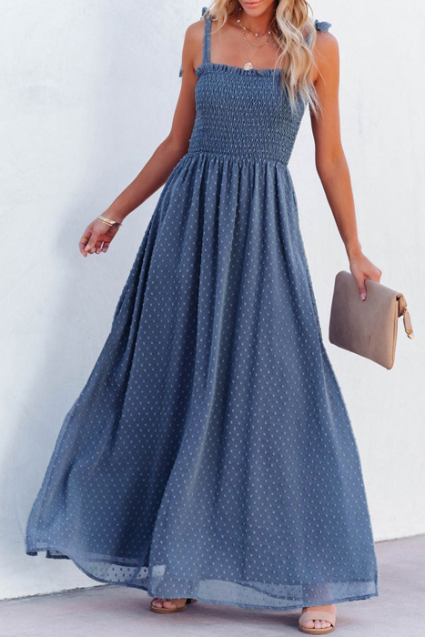 Blue Swiss Dot Knotted Shoulder Smocked Maxi Dress