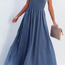  Blue Swiss Dot Knotted Shoulder Smocked Maxi Dress