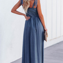  Blue Swiss Dot Knotted Shoulder Smocked Maxi Dress