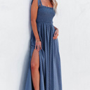  Blue Swiss Dot Knotted Shoulder Smocked Maxi Dress