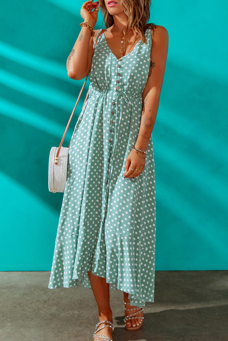 Spaghetti Straps Front Slit Buttoned Maxi Dress